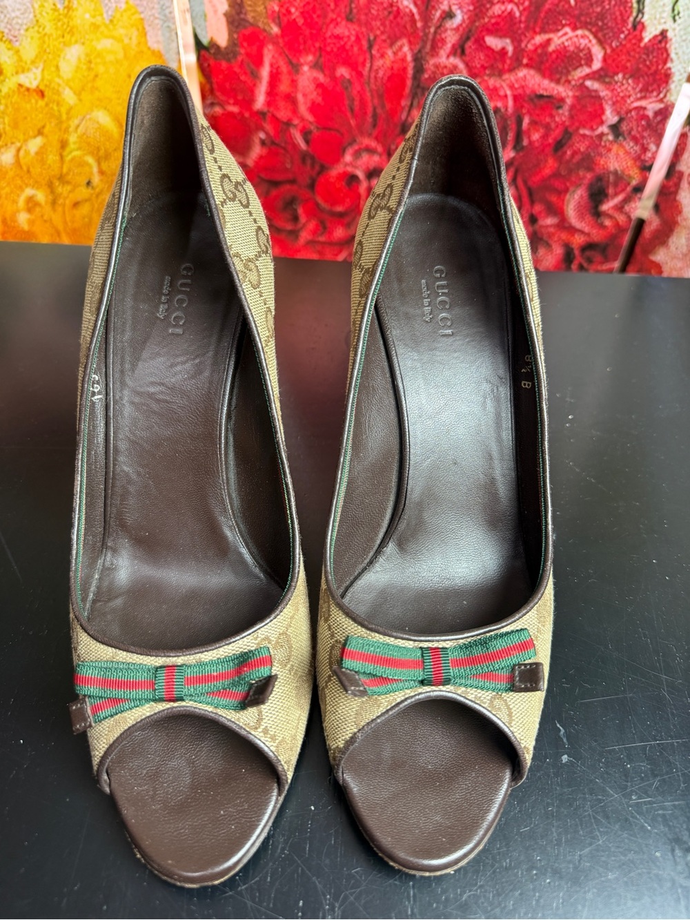 Gucci Brown GG Canvas Peep-Toe Heels with Green-Red Web Bow. SHOES ONLY!